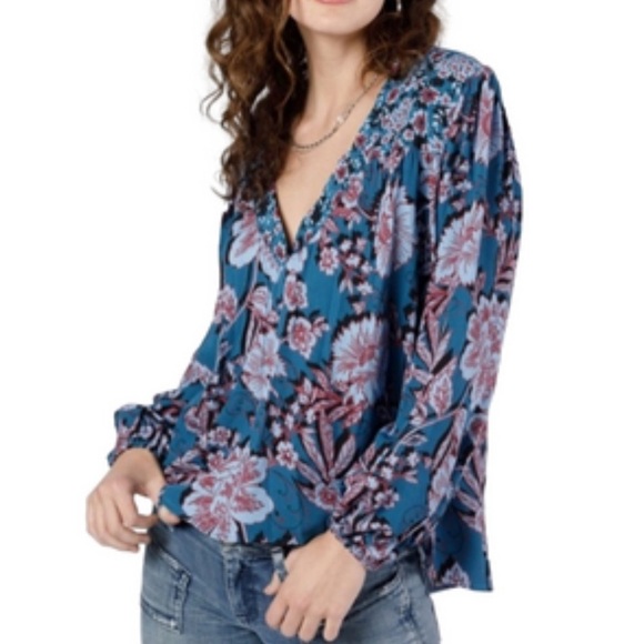 BAND OF THE FREE Josie sapphire floral long sleeve oversized peasant top NWT S - Picture 1 of 11